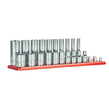 Capri Tools 1/4in. Drive Master Chrome Sockets Set, 6-Point, 3/16 9/16in., SAE, 20-Piece Billet Aluminum Socket Rail CP12110-20SSDR